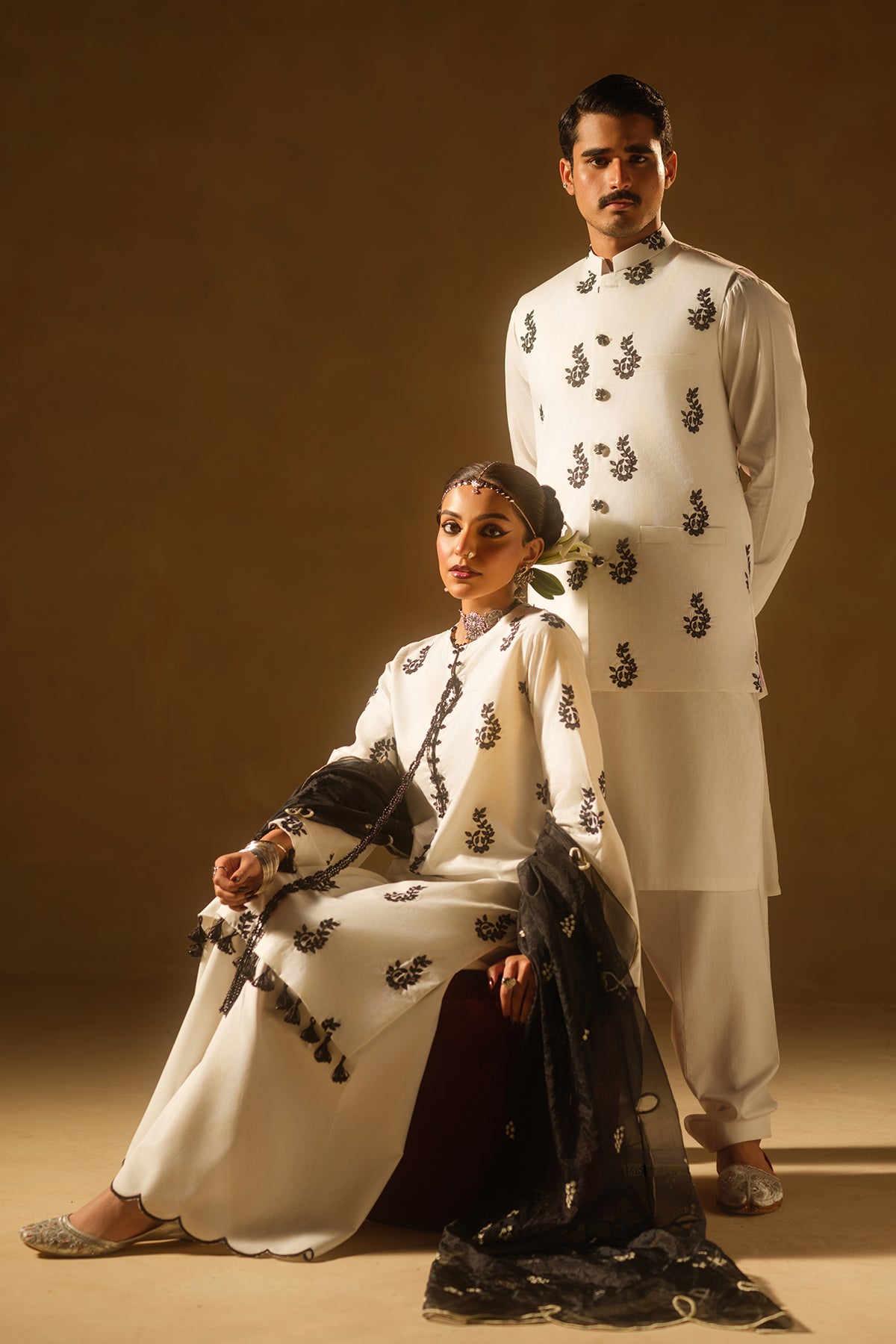 Black And White Embroidered Waistcoat Set