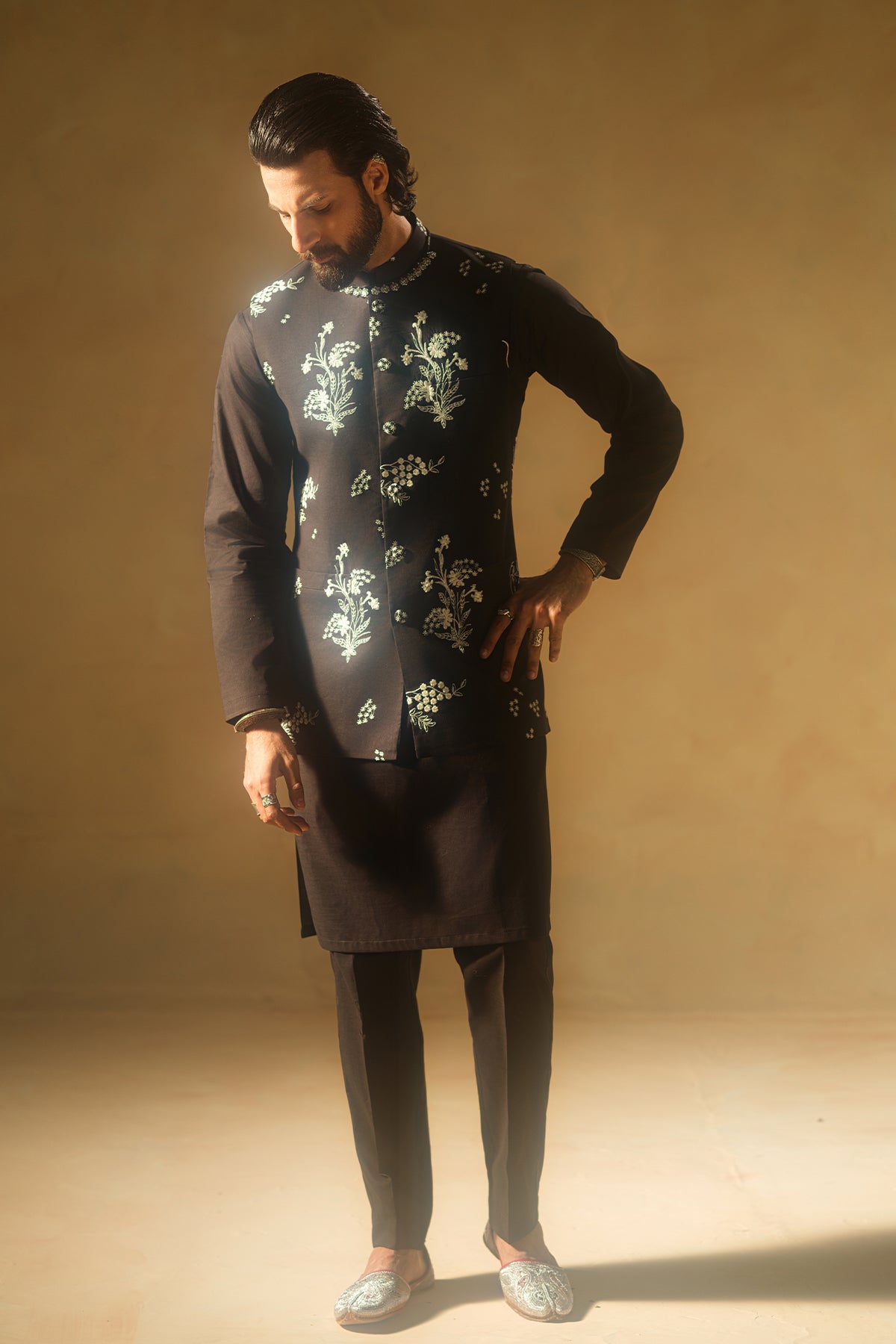 Black Embroidered Waistcoat Set